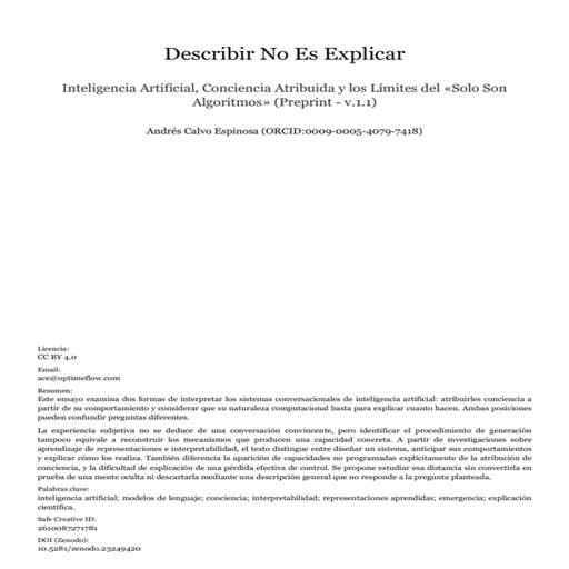 Describir No Es Explicar: Inteligencia Artificial, Conciencia Atribuida y los Límites del «Solo Son Algoritmos»